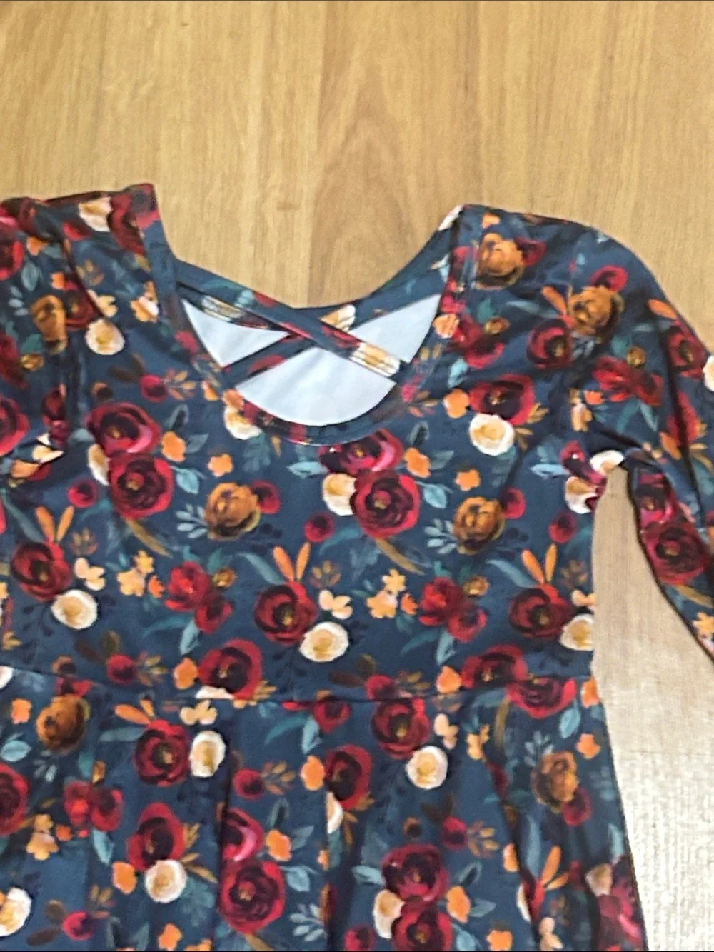 Girls Floral Long-Sleeve Dress in Teal with Red & Gold Blooms Size 3T